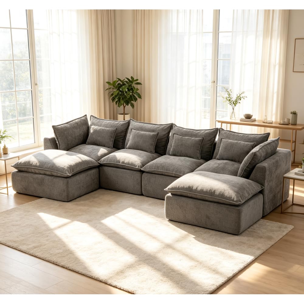 129.8" Width Cloud Couch Oversized Modular Sectional Sofa True Relax Comfy Couches Wide Deep Seat Sofas for Living Room Furniture Sets, Waffle Fabric,4Seat with 2Ottoman