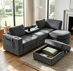 Tidyard U Shaped Sectional Sofa, Modular Chenille Couch with Storage Ottoman & Cup Holders, 102.4" Solid Pine Wood Frame for Living Room Apartment