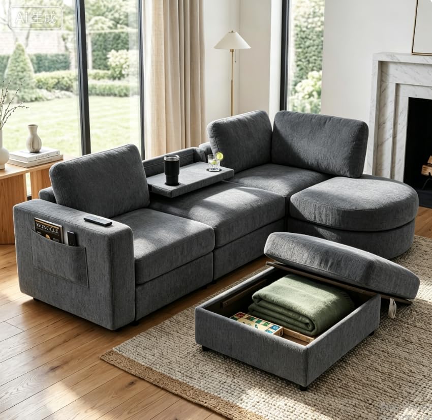 Tidyard U Shaped Sectional Sofa, Modular Chenille Couch with Storage Ottoman & Cup Holders, 102.4" Solid Pine Wood Frame for Living Room Apartment
