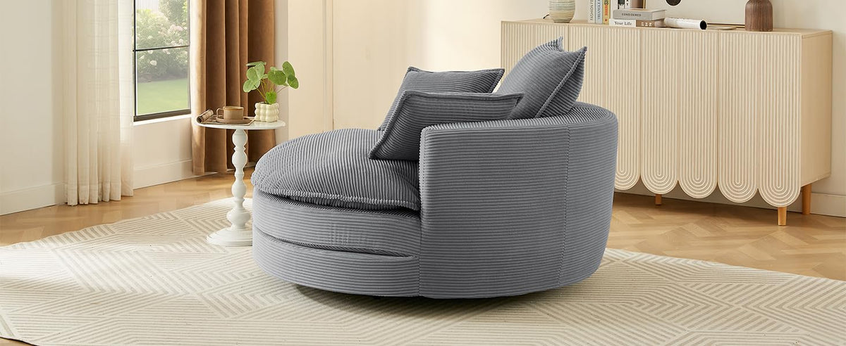 Tidyard 360° Swivel Accent Chair with Dual-Layer Cushion & 3 Pillows, 57.? Round Barrel Sofa for Living Room, Bedroom, Office, Grey