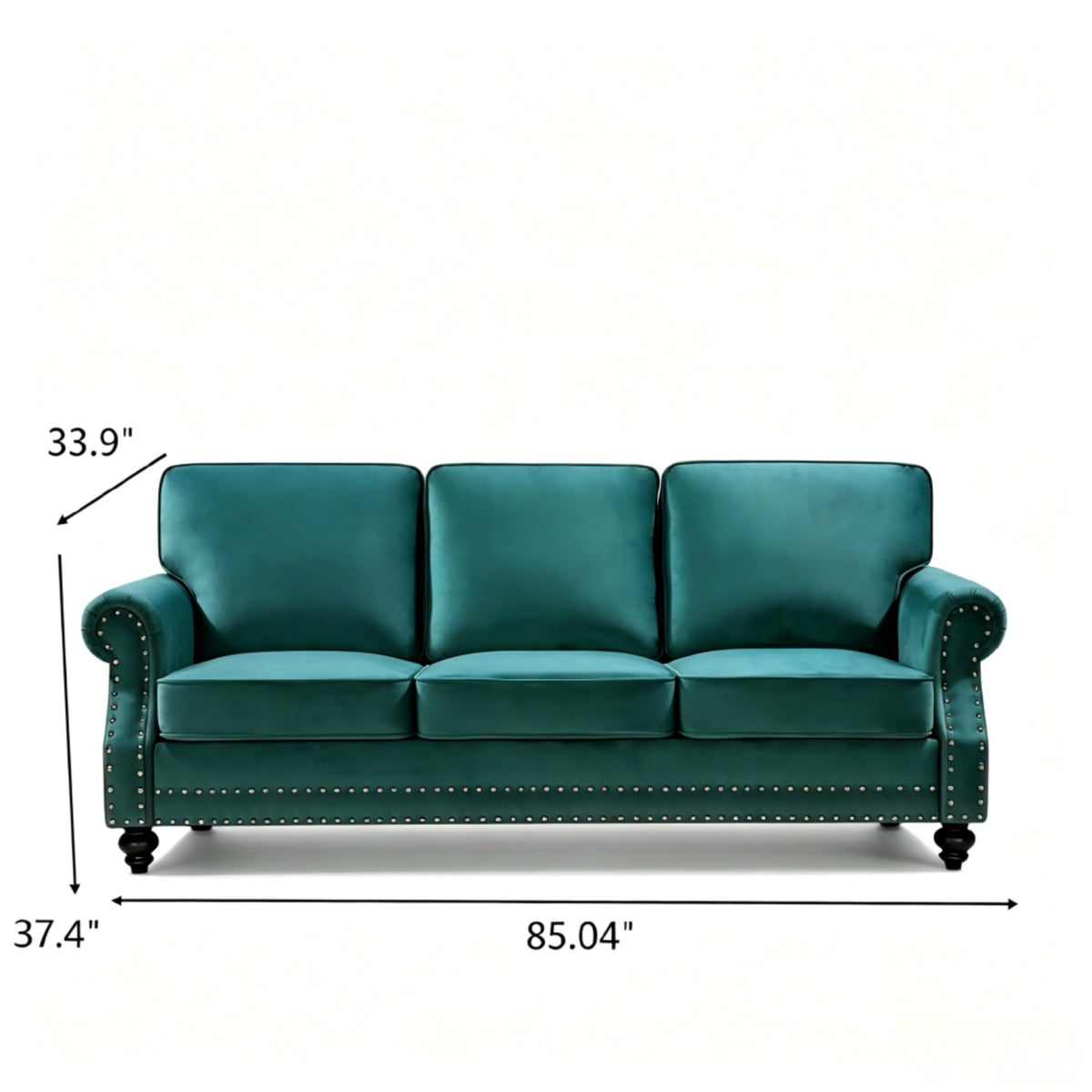 Velvet Sofa Seating with Rolled Arms and Nailhead Trim, Upholstered Living Room Couch, Loveseat or Accent Armchair with Loose Back Cushions, High Density Foam Seats (Green,Couch)