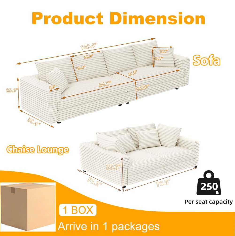 102.4 "Plush Corduroy 4-Seat Sofa,Modern Comfy Upholstered Sofa Cloud Couch,Deep Seat Couches with Soft Pillows and Movable Ottoman,Convertible Sofa Lounge Chair,Office,Beige(Old SKU W1885S00108