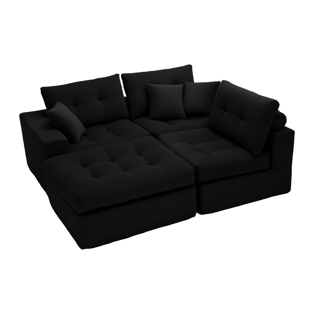 113" Oversized L-Shaped Modular Cloud Sofa Corduroy Upholstered Tufted Boneless Sectional with Deep Seat & Headrests, 4 PCS Compressed Boneless Couches with Movable Ottoman