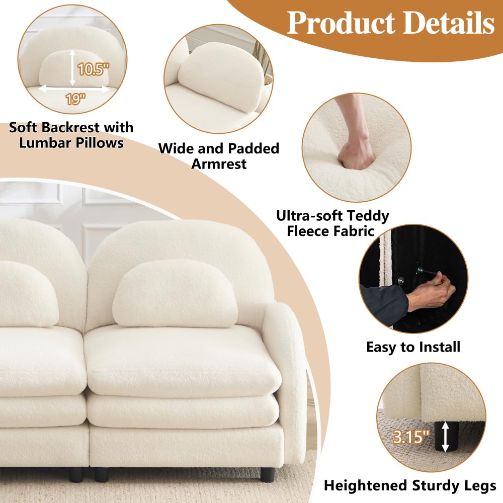Teddy Fabric Cloud-Like 4-Seat Sofa,Curved Backrest and Armrest with Curved Lumbar Pillows, Sectional 4 Seater Modular Couch with Movable Ottoman and Supportive Double-Layer Cushion (Beige White)