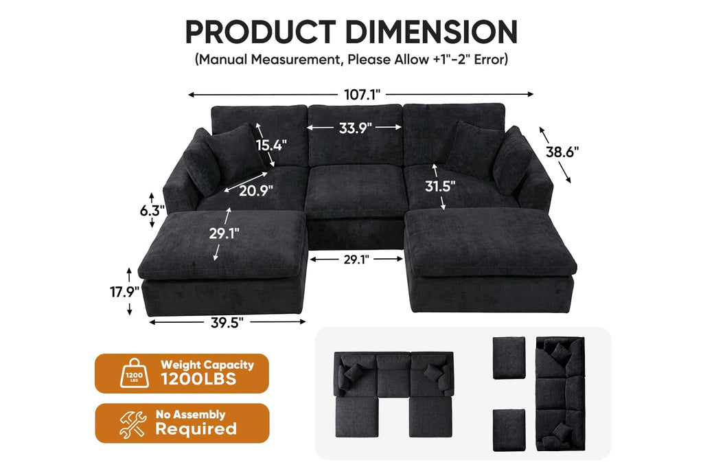 127" Cloud Sofa, U-Shape 3-Seater Modular Couch with 2 Ottomans, Black