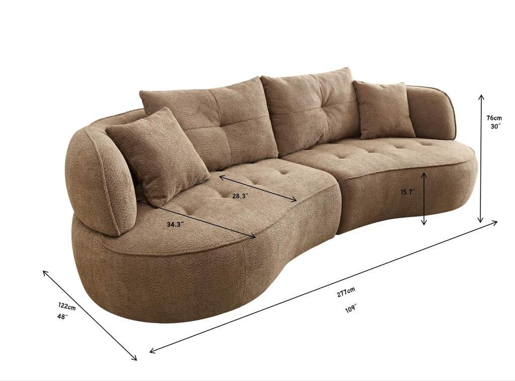 110.24'' Modern Moon Curve Couch with 4 Removable Throw Pillows,Durable Fabric Sectional Sofa with Solid Wood Frame,High Density Sponge, Easy Assembly,Camel