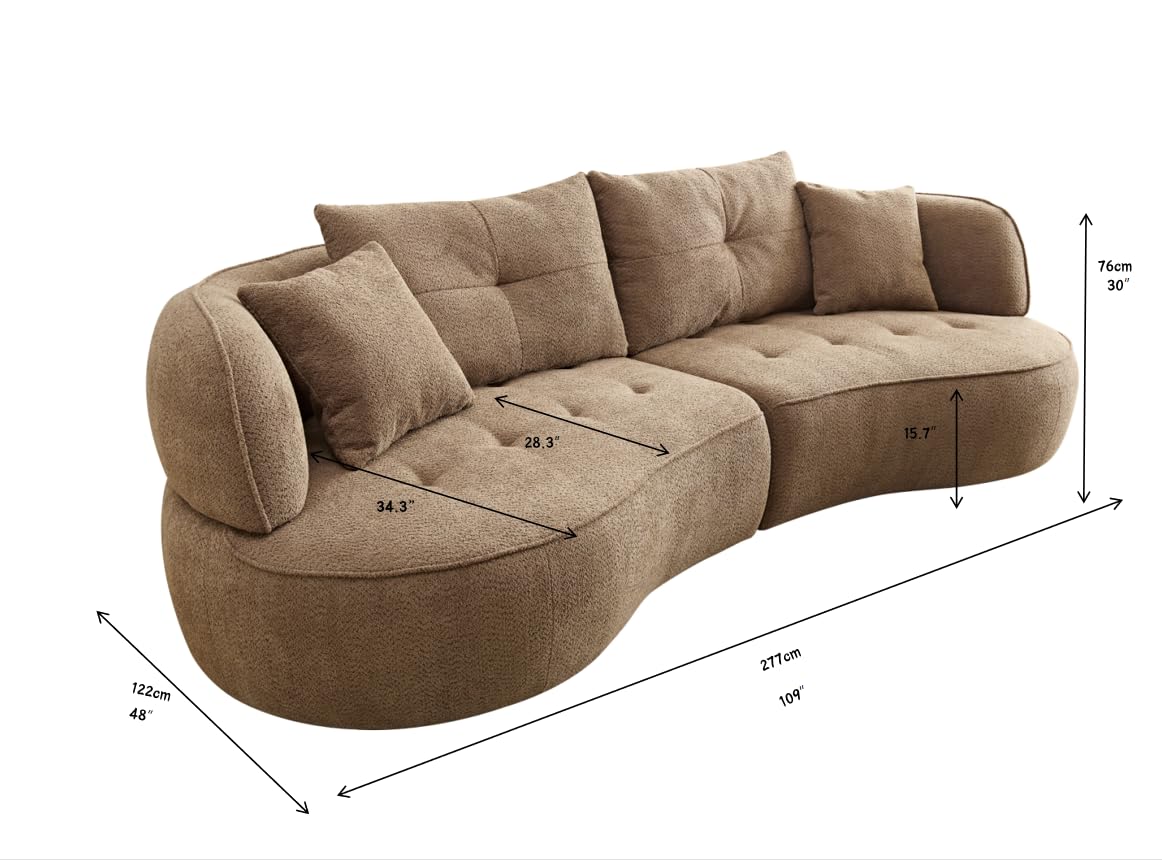 110.24'' Modern Moon Curve Couch with 4 Removable Throw Pillows,Durable Fabric Sectional Sofa with Solid Wood Frame,High Density Sponge, Easy Assembly,Camel