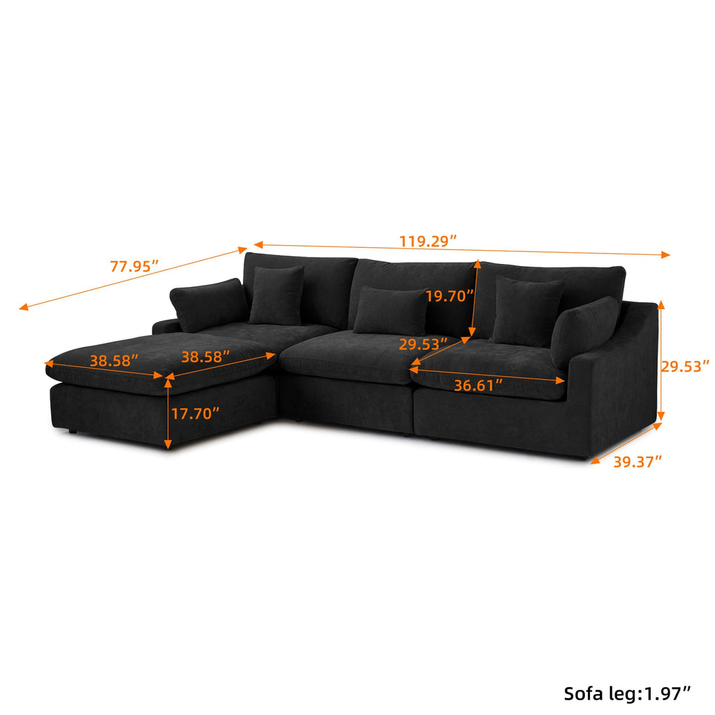 WJShome Cloud Modular Sectional Sofa Couch for Livingroom,119inch Down Filled L Shaped Couch with Wide Seat,Convertible Sectional Sofa with Ottoman,Covers Washable&Replaceable,Black