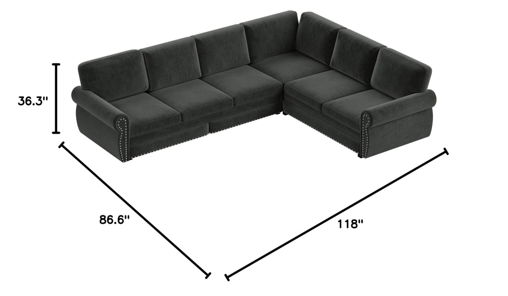 118" L-Shaped Sectional Sleeper Sofa Bed with Pull Out Couch, Dark Grey