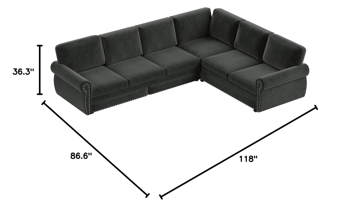 118" L-Shaped Sectional Sleeper Sofa Bed with Pull Out Couch, Dark Grey