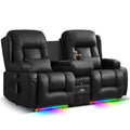 TUNYI Power Loveseat Recliner Sofa, Faux Leather Reclining Sofa with Console RV Reclining Loveseat Couch with USB/Outlet/Storage/Side Pocket/LED Light/Speaker (Black, Loveseat)