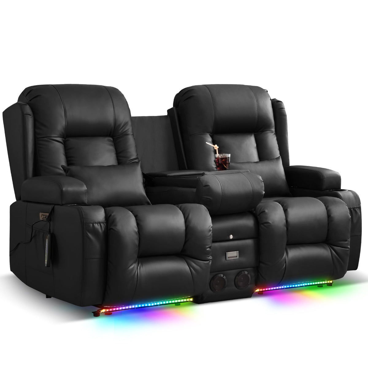 TUNYI Power Loveseat Recliner Sofa, Faux Leather Reclining Sofa with Console RV Reclining Loveseat Couch with USB/Outlet/Storage/Side Pocket/LED Light/Speaker (Black, Loveseat)