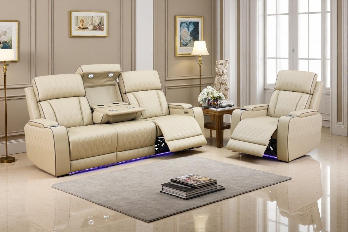A Ainehome Power Leather Recliner Sofa Set with LED Lights, Recliner Sofa Sectional Couches for Living Room, Reclining Sofa, loveseat, Chair with USB Port/Storage Console/Cup Holder(black,3-piece set)
