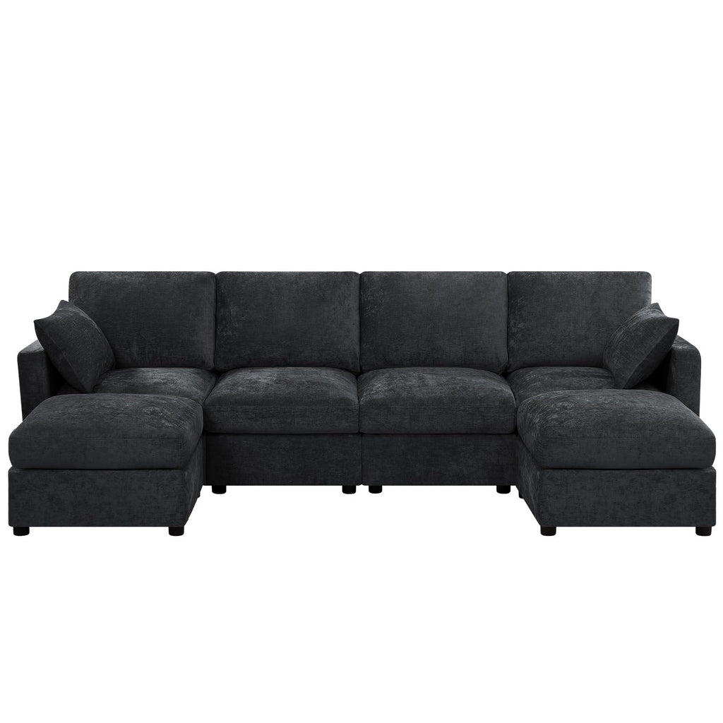 110" Chenille 4 Seats Couch with 2 Ottomans, Black