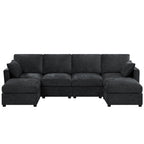 110" Chenille 4 Seats Couch with 2 Ottomans, Black