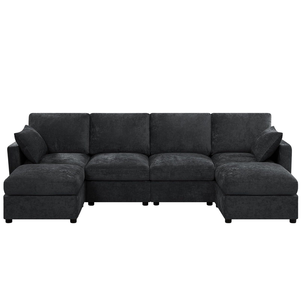110" Chenille 4 Seats Couch with 2 Ottomans, Black