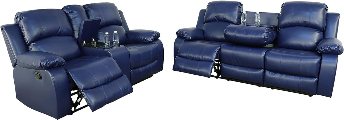 Bonded Leather Living Room Furniture Set Reclining Sofa Set Loveseat Furniture Sets in Living Room Sofa Recliners (3 Pieces, Blue Microfiber)