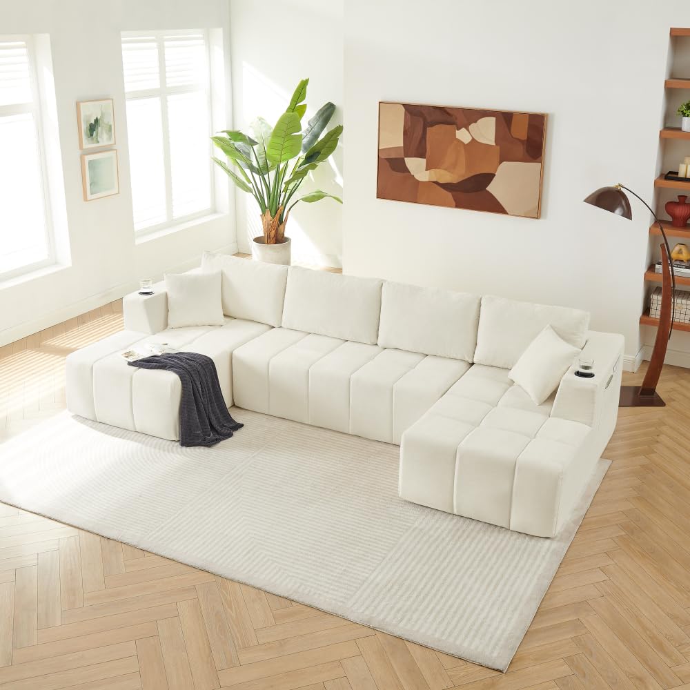 132" U-Shaped Chenille Sectional Sofa, Cloud Style Boneless Sofa with Lounges, Modern Upholstered Couch with Cup Holders & Side Pockets, Compression Sofa for Living Room (Beige + Chenille + 6 Seat)
