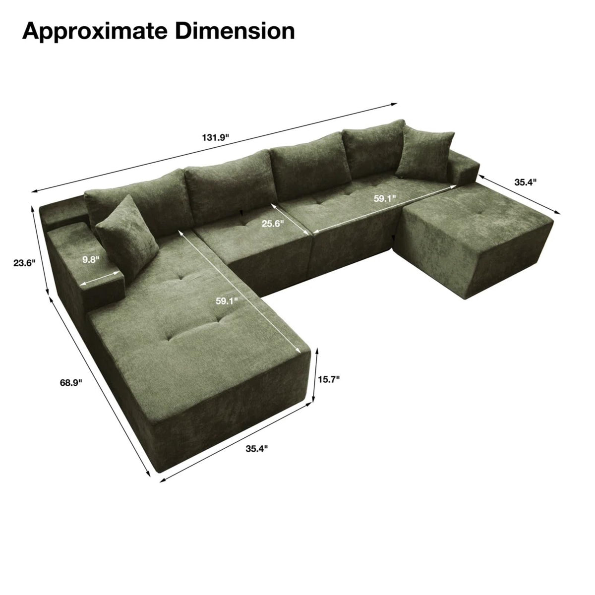 132‘’ Boneless Couch Modular Sectional Sofa – Cloud-Style Deep Seat Floor Couch with Right Facing Chaise, Oversized Memory Foam Sectional Couches for Living Room, No-Assembly -with Ottoman