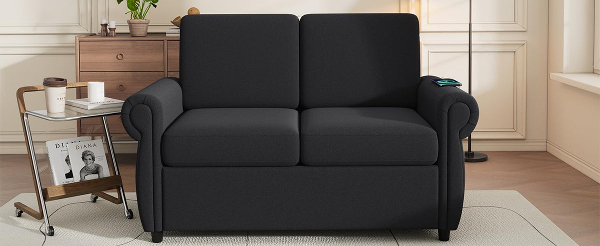Tidyard 57.? Pull Out Sofa Bed Loveseat with Twin Memory Foam Mattress & 2 USB Ports, Sleeper for Living Room, Black