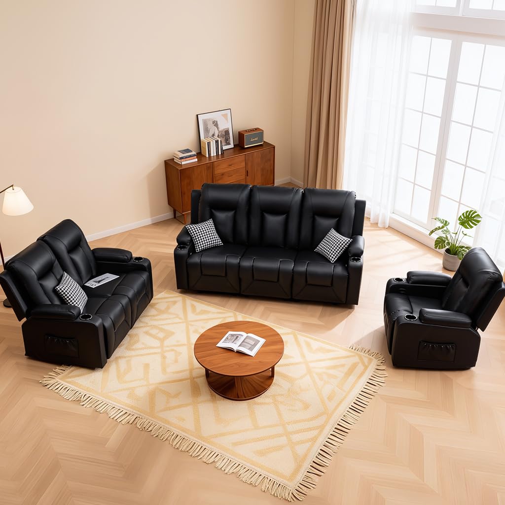 COMHOMA Living Room Furniture Set,Faux Leather Manual Recliner Sofa Sets