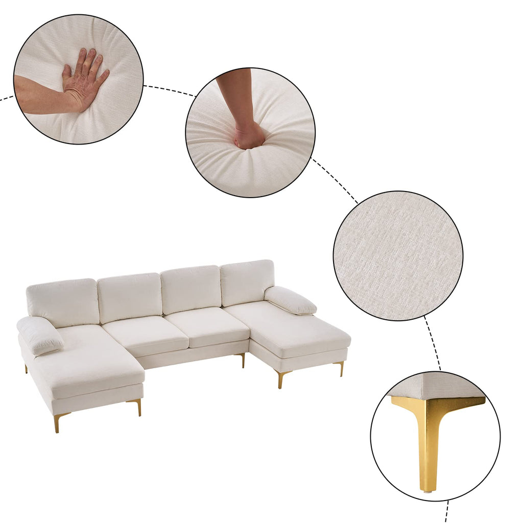 U-Shaped Sectional Sofa with Double Chaise, 113" Modern Modular 4-Seat Chenille Fabric Couch for Living Room, Comfortable Large Sofa with Gold-Plated Legs & Back Pillows, Creamy-White
