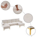 U-Shaped Sectional Sofa with Double Chaise, 113" Modern Modular 4-Seat Chenille Fabric Couch for Living Room, Comfortable Large Sofa with Gold-Plated Legs & Back Pillows, Creamy-White