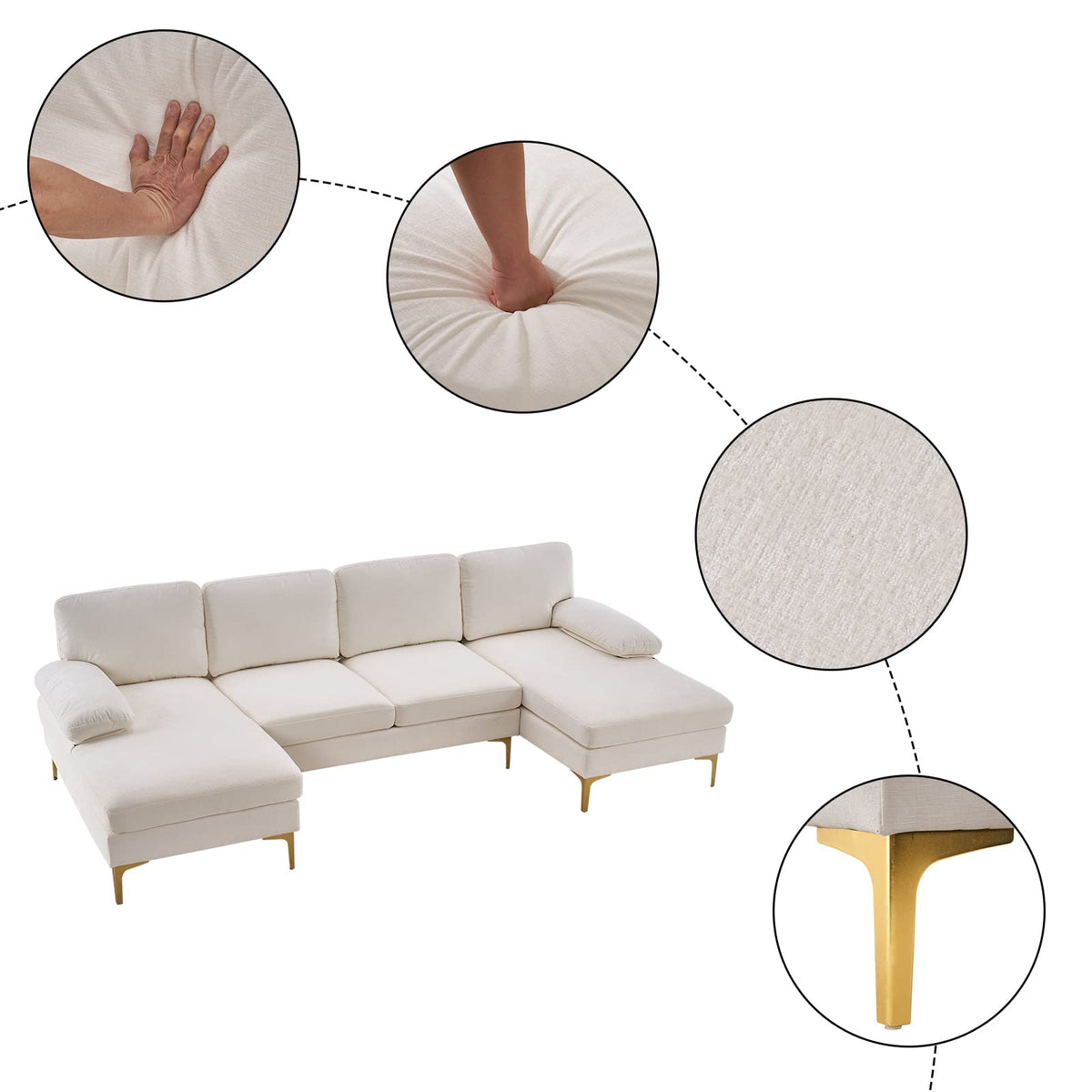 U-Shaped Sectional Sofa with Double Chaise, 113" Modern Modular 4-Seat Chenille Fabric Couch for Living Room, Comfortable Large Sofa with Gold-Plated Legs & Back Pillows, Creamy-White