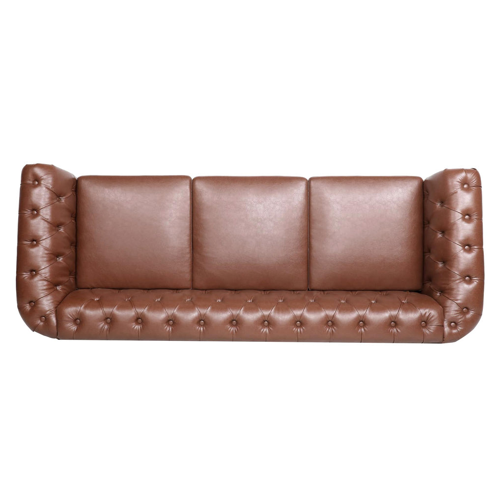 Tidyard 84.6? Brown PU Leather Rolled Arm Chesterfield Three Seater Sofa, Staggered Tufting, Solid Wood Frame, Pocket Spring Cushion, Birch Legs, 660 lbs Capacity