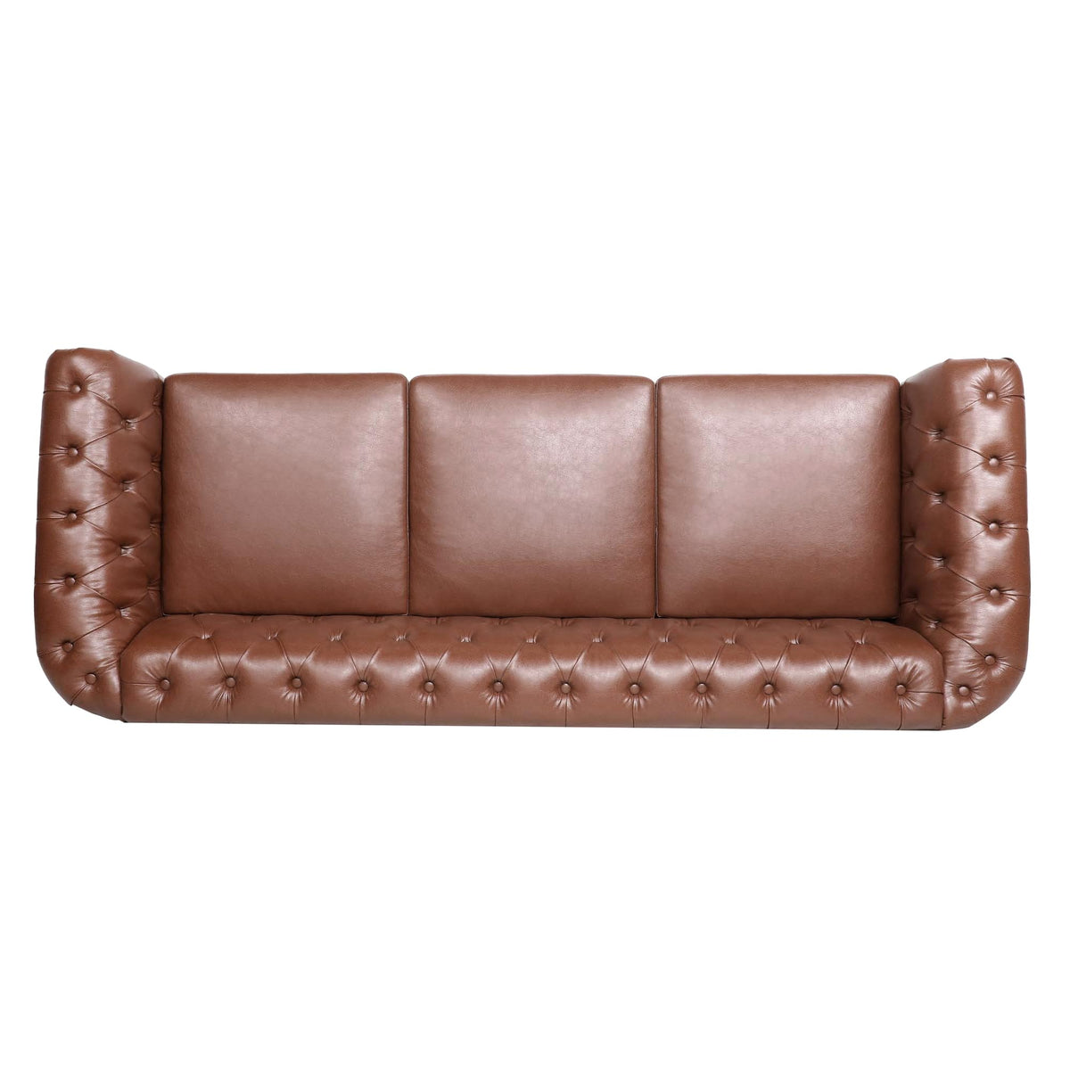 Tidyard 84.6? Brown PU Leather Rolled Arm Chesterfield Three Seater Sofa, Staggered Tufting, Solid Wood Frame, Pocket Spring Cushion, Birch Legs, 660 lbs Capacity