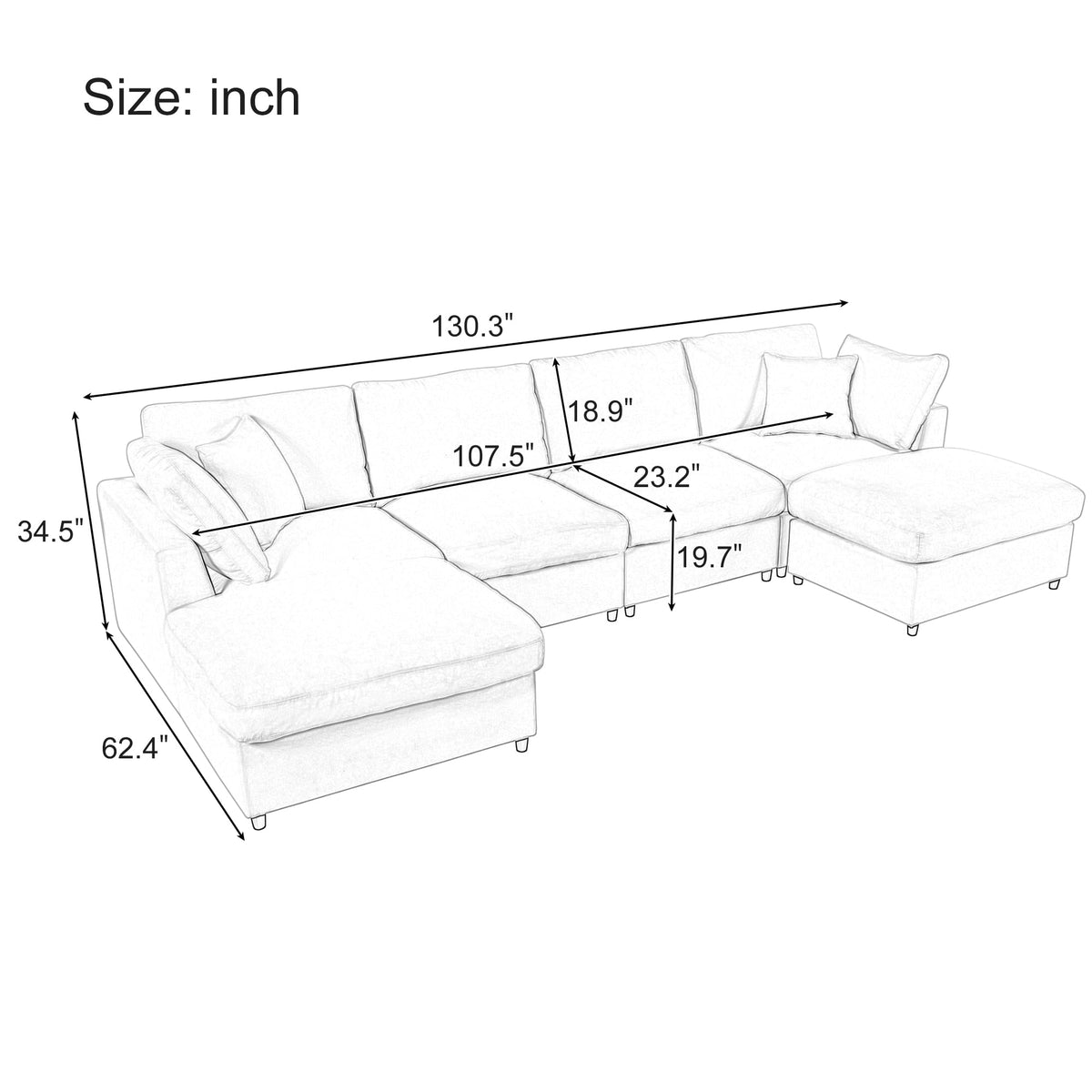 130-Inch Oversized U-Shaped Symmetrical Sectional Cloud Sofa,Modern 6 Seat Convertible Modular Cloud Sofa Couch with 4 Pillows and Movable Ottomans for Living Room