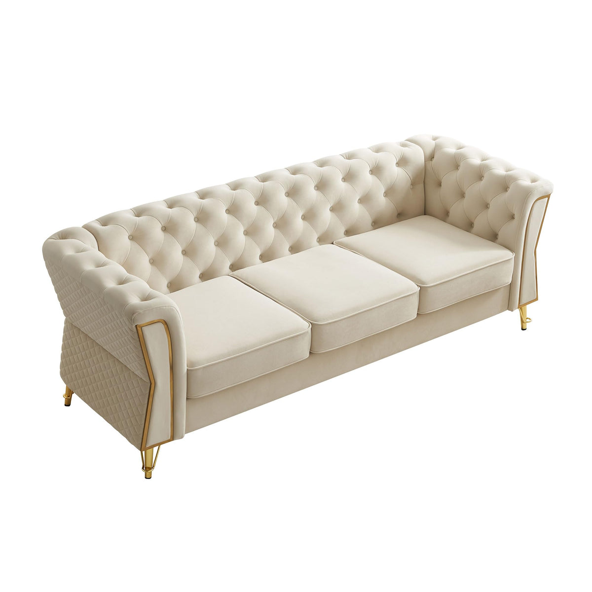 Velvet Sofa, Modern Couch, Tufted Sofa, 87.4 Inch Beige Upholstered Seating with Gold Metal Accent, Solid Wood Frame, Metal Legs, Deep Seat Cushions for Living Room