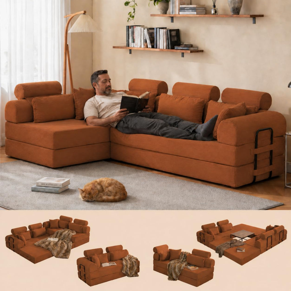 106" Convertible Sleeper Sectional Sofa Bed, 4-in-1 Corduroy Boneless Couch with Fixed-Shape Frame, Modular L-Shaped Sofa with Pillows, Fold Out Floor Sofa for Living Room Apartment (Orange)