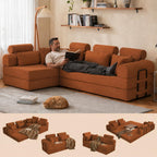 106" Convertible Sleeper Sectional Sofa Bed, 4-in-1 Corduroy Boneless Couch with Fixed-Shape Frame, Modular L-Shaped Sofa with Pillows, Fold Out Floor Sofa for Living Room Apartment (Orange)