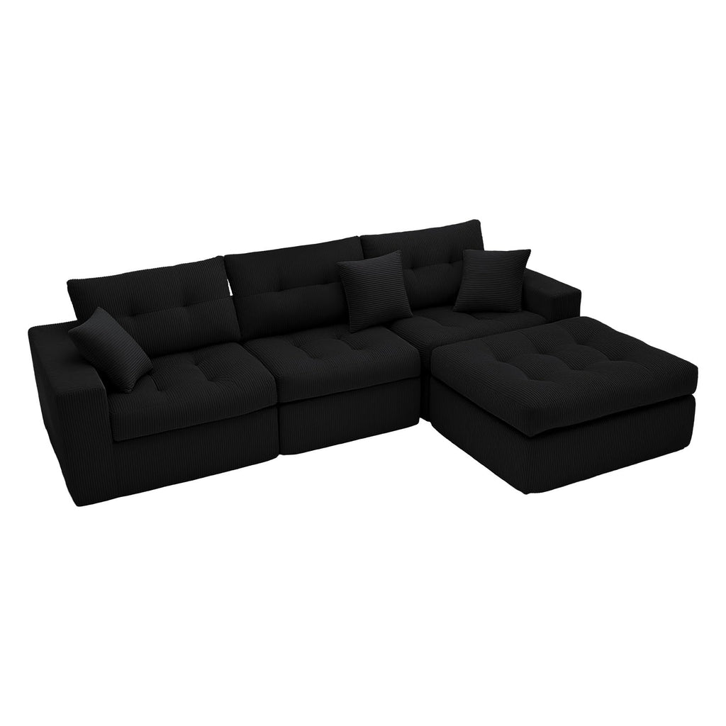 113" Oversized L-Shaped Modular Cloud Sofa Corduroy Upholstered Tufted Boneless Sectional with Deep Seat & Headrests, 4 PCS Compressed Boneless Couches with Movable Ottoman