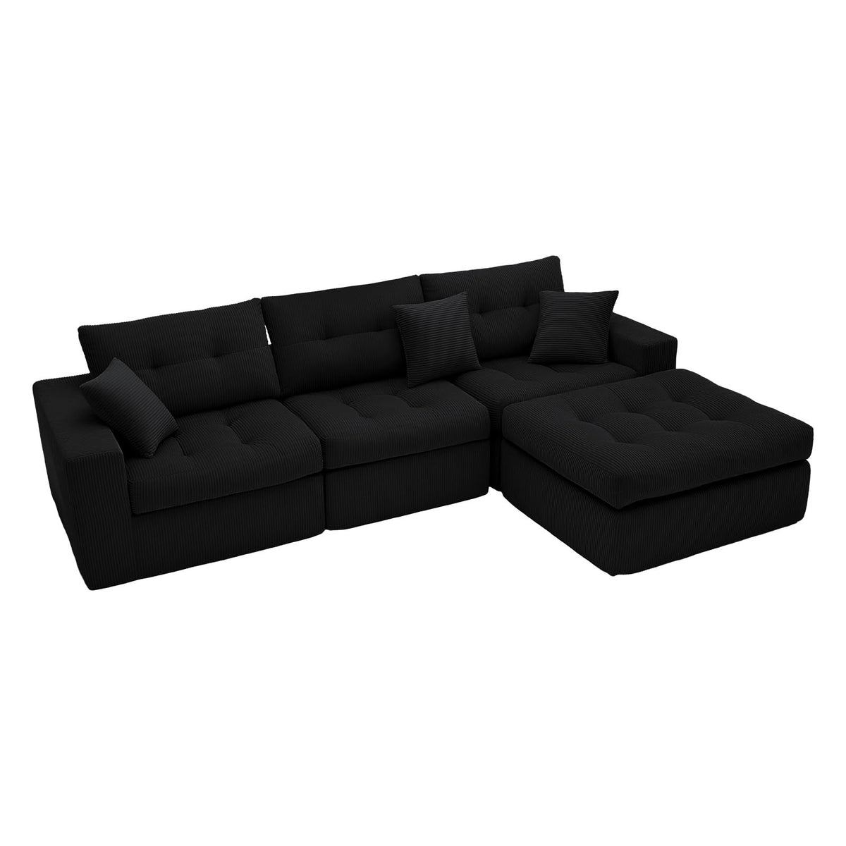113" Oversized L-Shaped Modular Cloud Sofa Corduroy Upholstered Tufted Boneless Sectional with Deep Seat & Headrests, 4 PCS Compressed Boneless Couches with Movable Ottoman