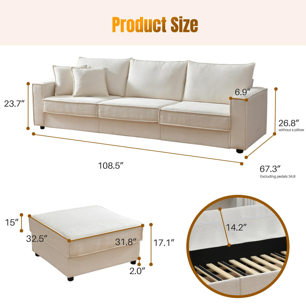 YUHUASHI 108.5″Wide L-Shaped Sofa with Removable Cushions Movable Footstool