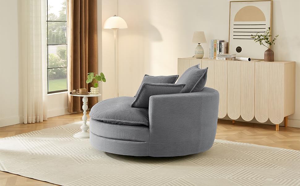Tidyard 360° Swivel Accent Chair with Dual-Layer Cushion & 3 Pillows, 57.? Round Barrel Sofa for Living Room, Bedroom, Office, Grey