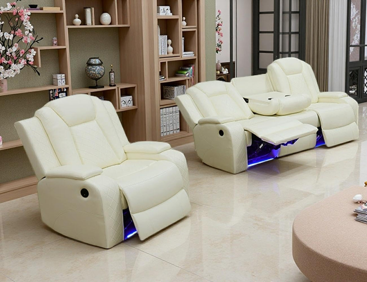 Power Recliner Sofa Set with LED Light, Black Leather Sectional Sofa and Chair Set, Living Room Furniture Sets, Modern Power Reclining Sets with Storage Console for House