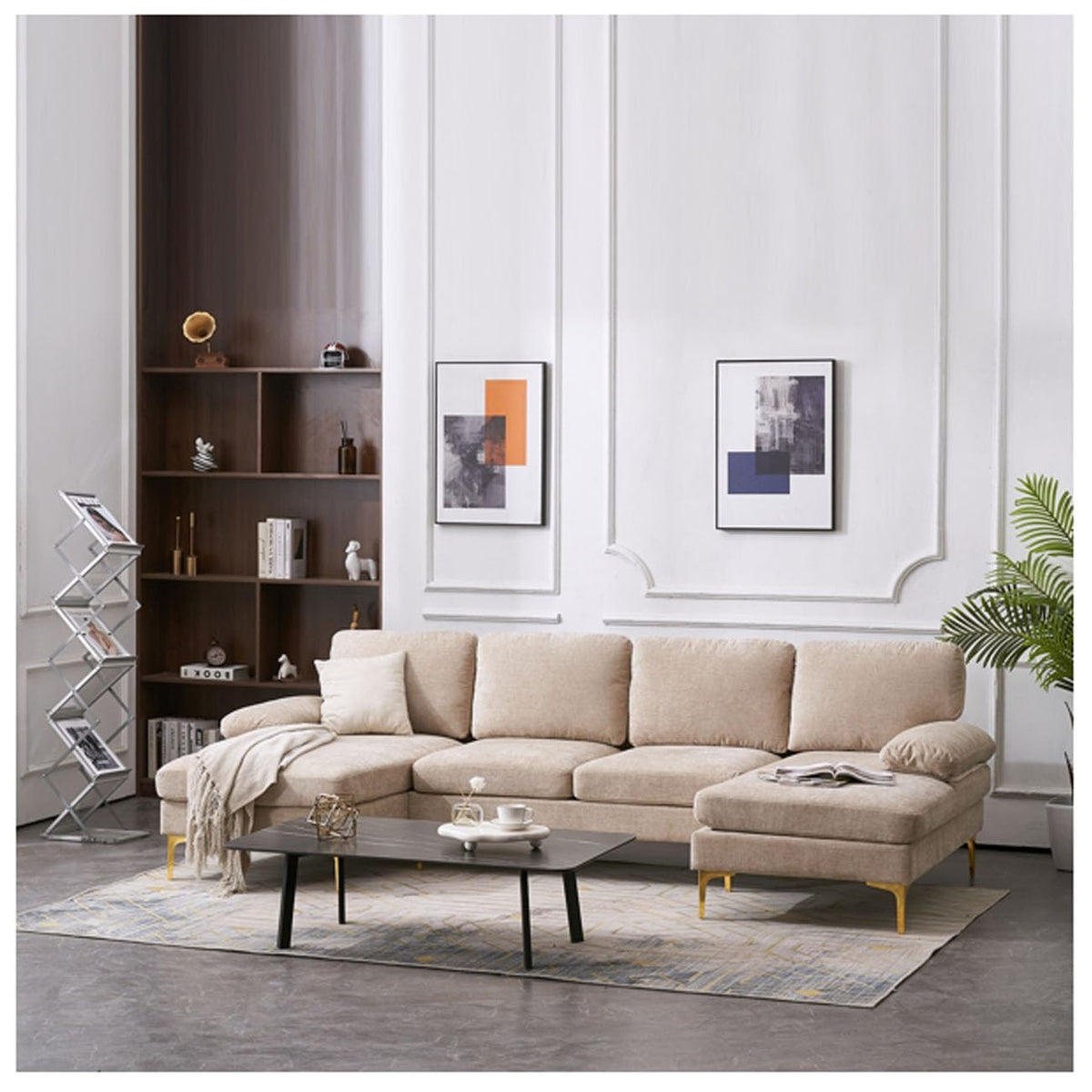 U-Shaped 4-Seat Reversible Sectional Sofa with Oversized Chaise, High-End Chenille Fabric & Gold-Plated Legs, 280x130x85cm Small Space Couch (Camel)