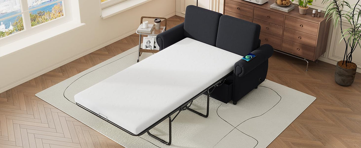 Tidyard 57.? Pull Out Sofa Bed Loveseat with Twin Memory Foam Mattress & 2 USB Ports, Sleeper for Living Room, Black