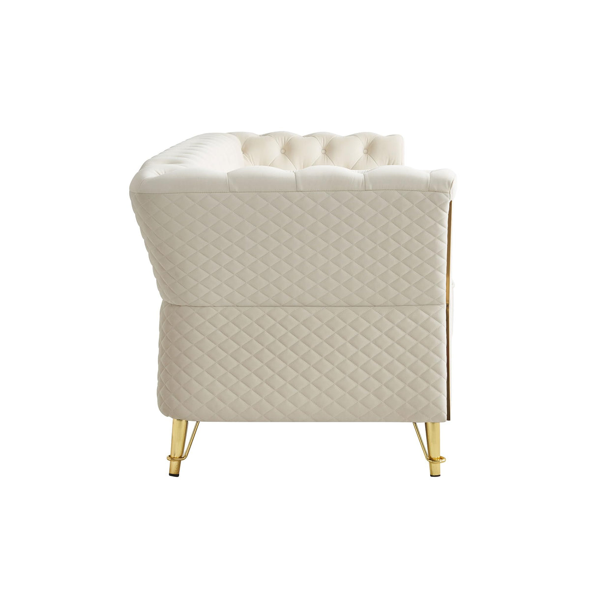 Velvet Sofa, Modern Couch, Tufted Sofa, 87.4 Inch Beige Upholstered Seating with Gold Metal Accent, Solid Wood Frame, Metal Legs, Deep Seat Cushions for Living Room