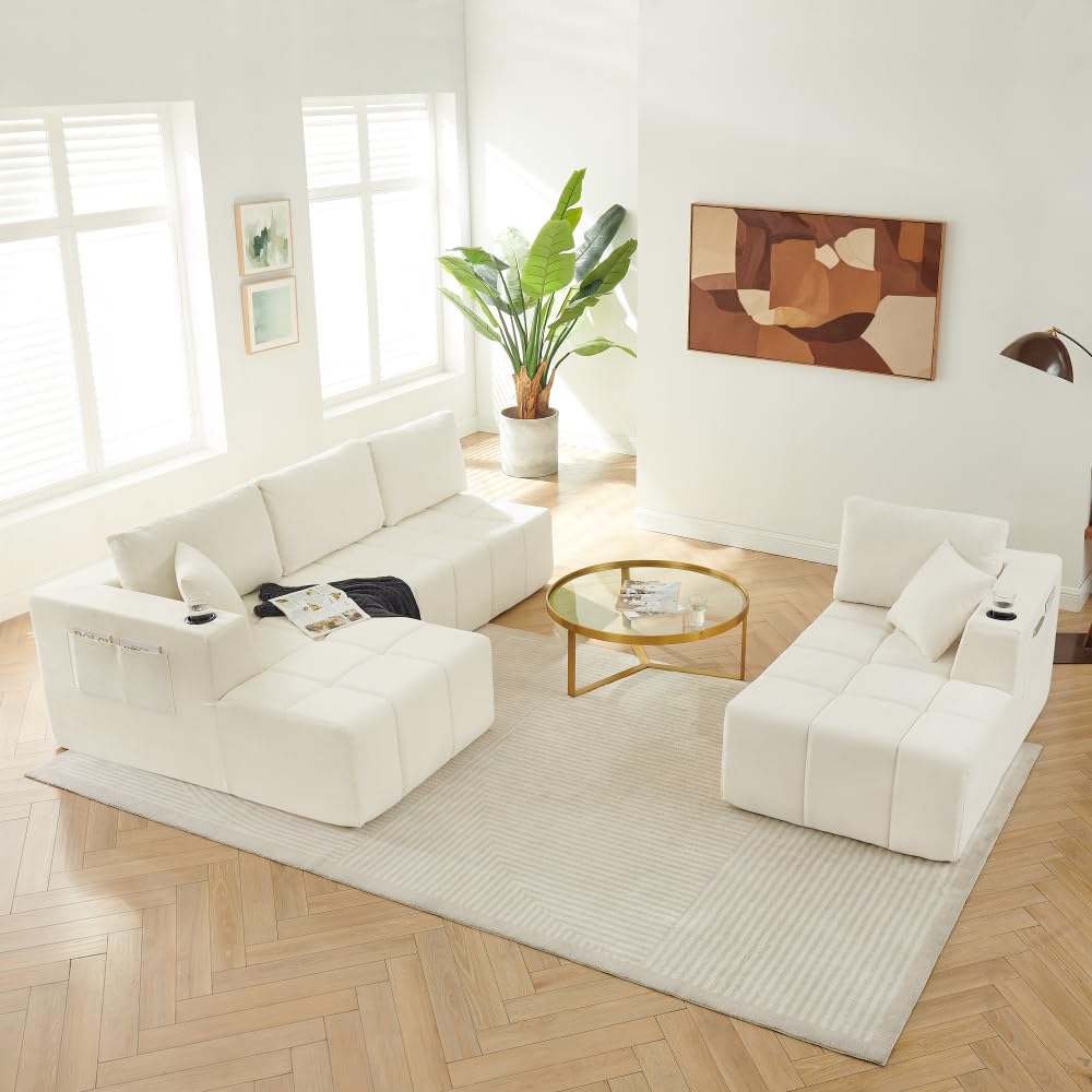 132" U-Shaped Chenille Sectional Sofa, Cloud Style Boneless Sofa with Lounges, Modern Upholstered Couch with Cup Holders & Side Pockets, Compression Sofa for Living Room (Beige + Chenille + 6 Seat)