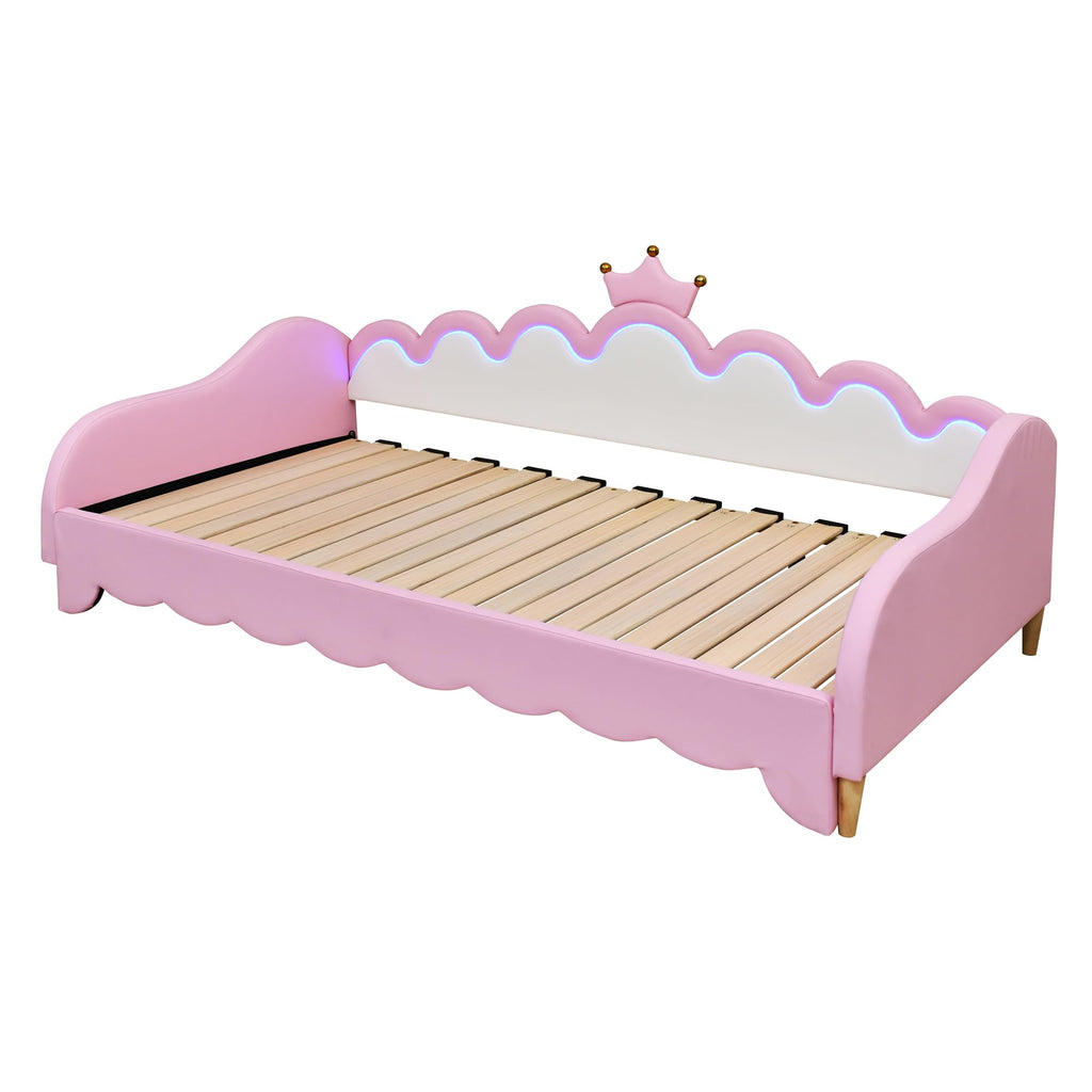 Twin Extending Daybed with LED Lights, Upholstered Princess Daybed with Crown Headboard,Pink