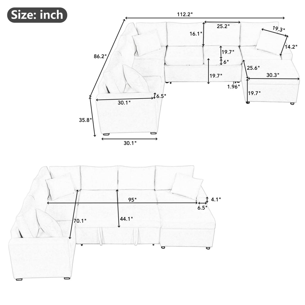 112.2" Sectional Sofa Pull-Out Bed Sleeper with Storage Ottoman Grey Chenille Living Room Cozy