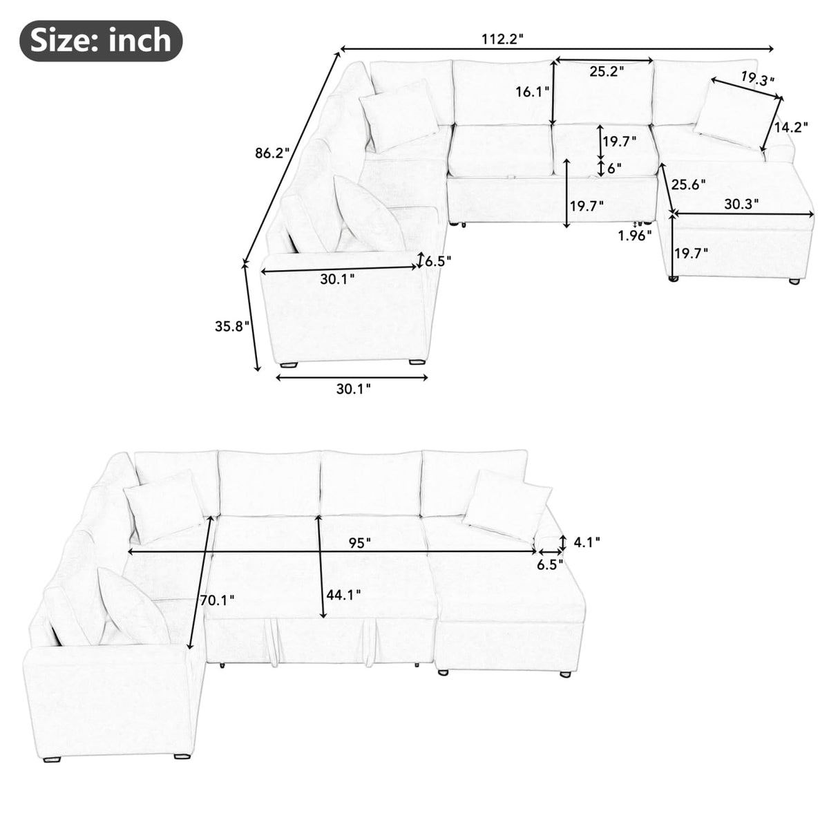 112.2" Sectional Sofa Pull-Out Bed Sleeper with Storage Ottoman Grey Chenille Living Room Cozy