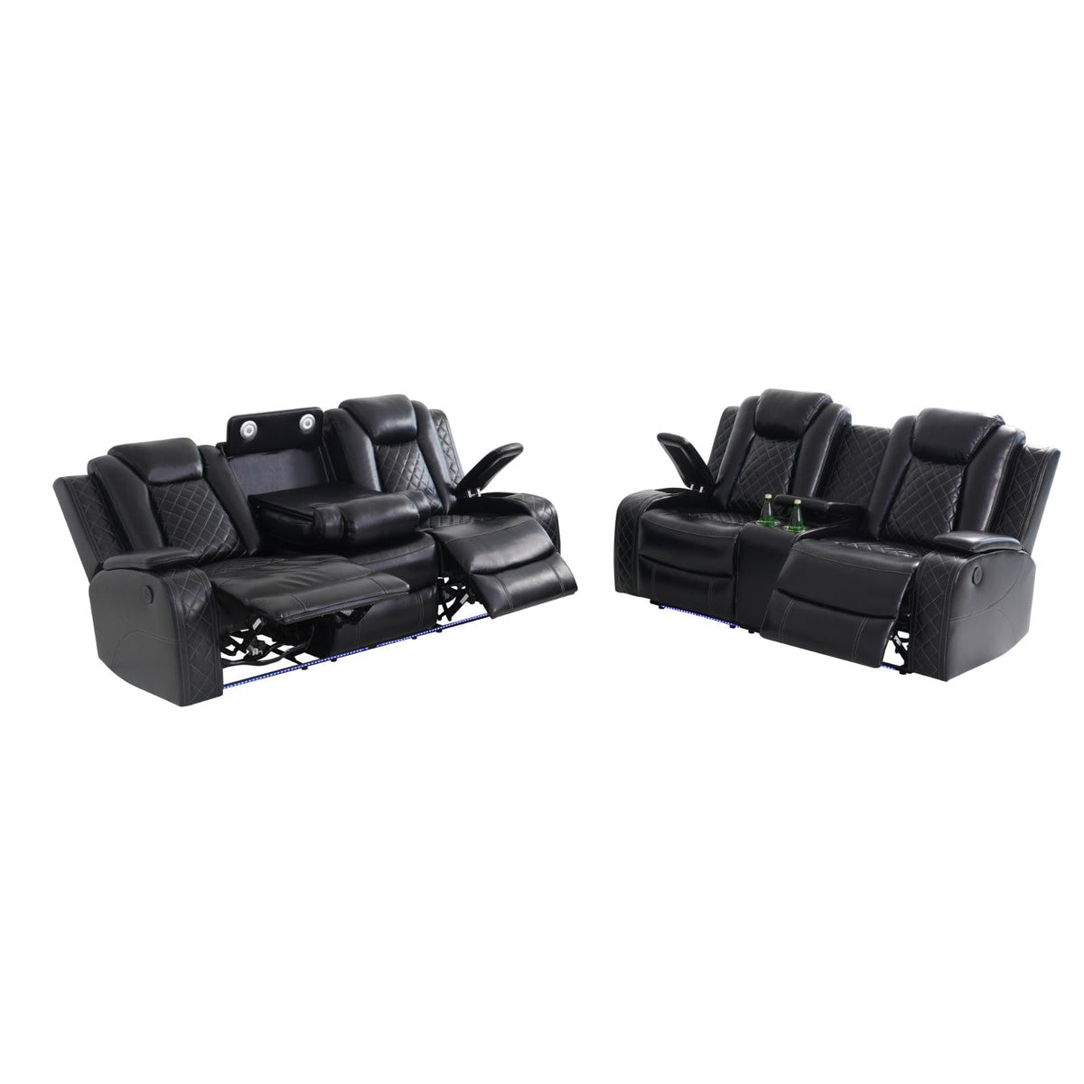 Three people Power Recliner Sofa Breathing Leather with USB Ports,LED Black
