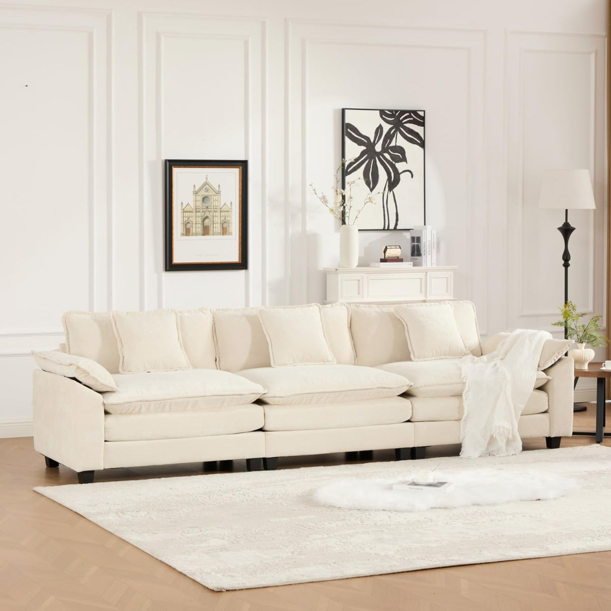Wider Armrest 3 Seats Modern Sectional Couch Beige Chenille Cloud Couch Comfort Living Room Bedroom Apartment Comfortable Modular Sofa