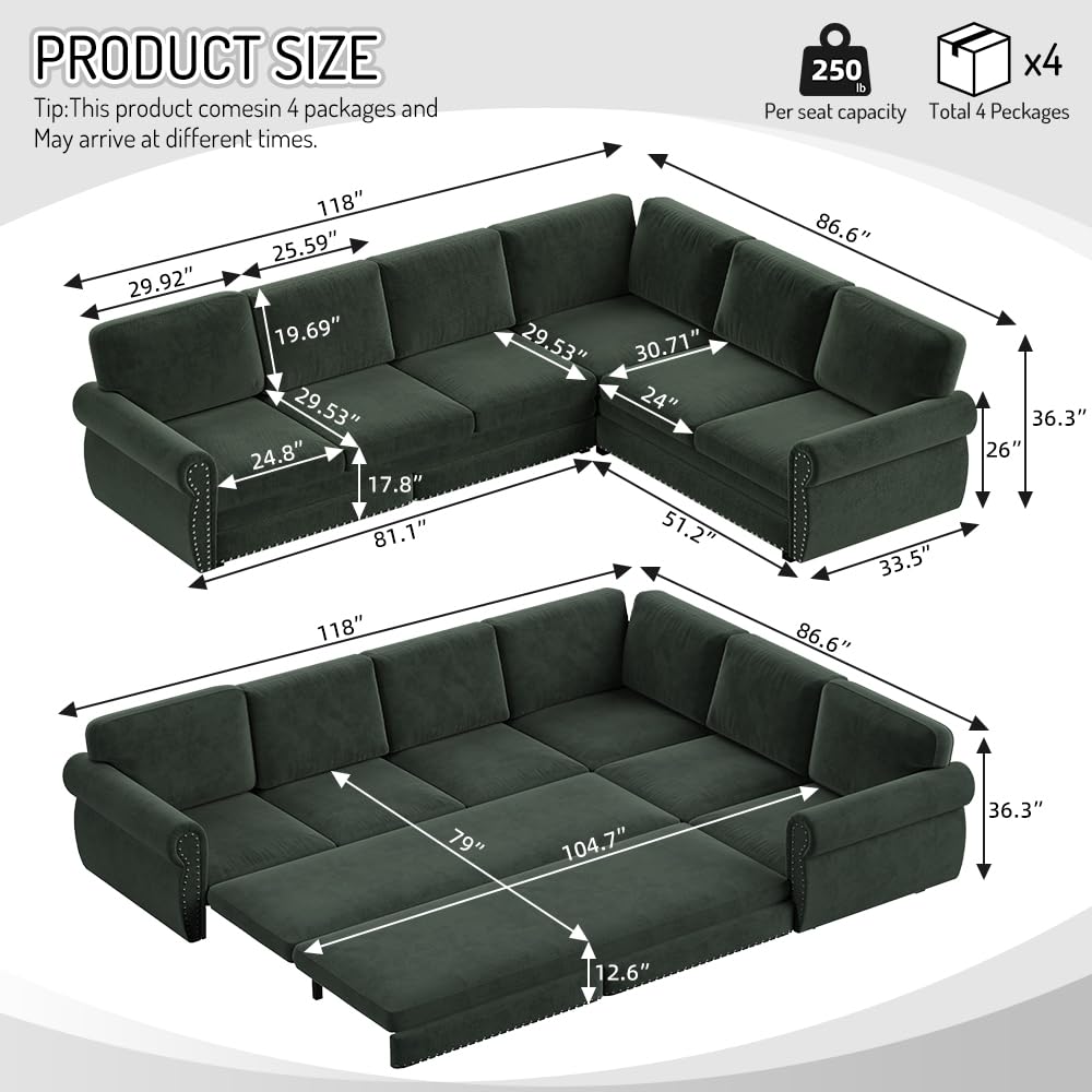 118" Sleeper Sofa Bed, Sectional Couches for Living Room/Apartment, Chenille L Shaped Couch with Pull Out Couch Bed, Convertible Sectional Sofa with Rolled Arm & Nailhead Trim, Green