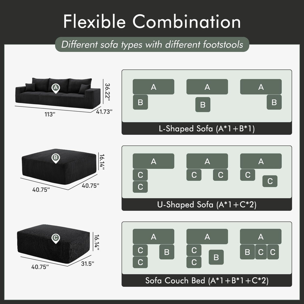 113" Modular Sectional Sofa Bed Boneless Sofa Couches for Living Room